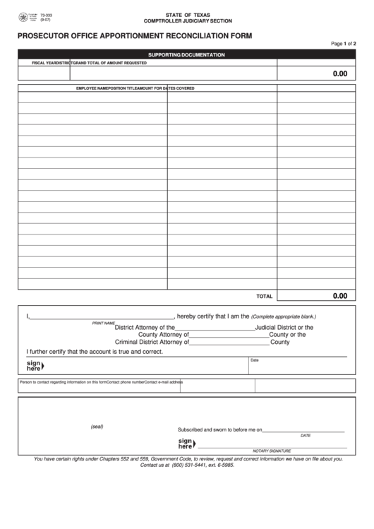 Fillable Form 73-333 - Prosecutor Office Apportionment Reconciliation Form Printable pdf