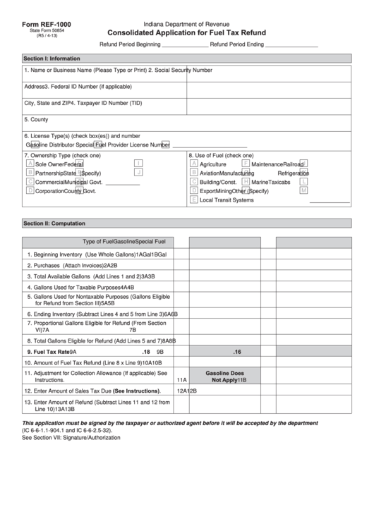 Fillable Form Ref-1000 - Consolidated Application Form For Fuel Tax Refund Printable pdf