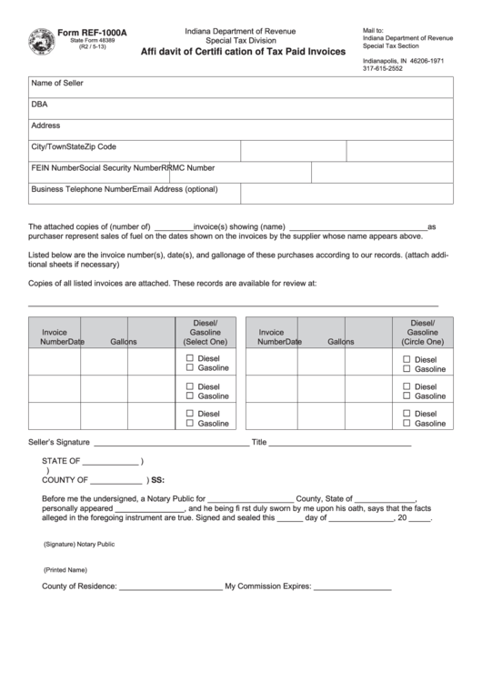 Fillable Form Ref-1000a - Affidavit Form Of Certification Of Tax Paid Invoices Printable pdf