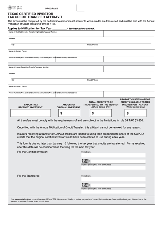 Fillable Form 25-121 - Tax Credit Transfer Affidavit Printable pdf
