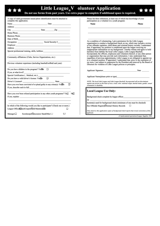 Fillable Little League Volunteer Application Form Printable Pdf Download