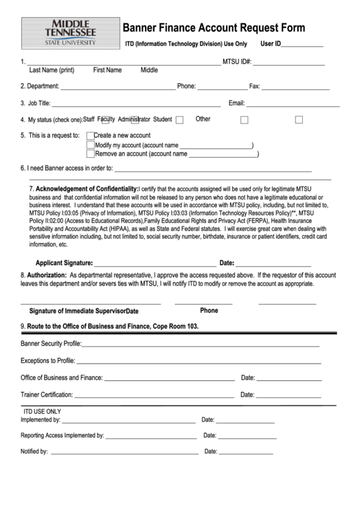 Fillable Banner Finance Account Request Form Printable pdf
