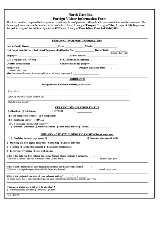 Fillable Nra 001 Foreign National Information Form Printable pdf