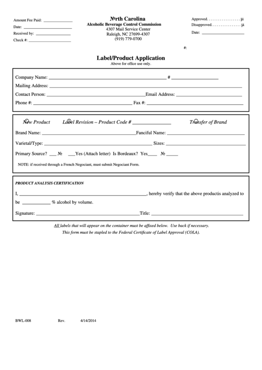 Bwl-008 Label/product Approval Form Printable pdf