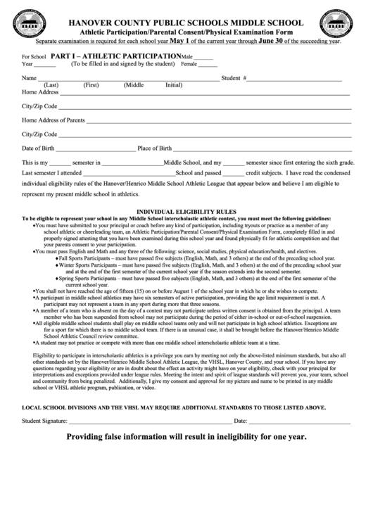 Athletic Participation/parental Consent/physical Examination Form Printable pdf