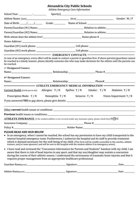 Athlete Emergency Care Information Form Printable pdf