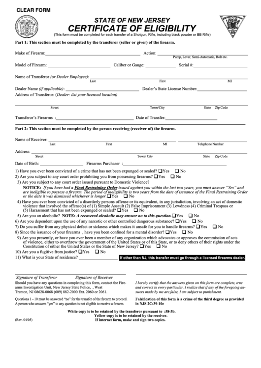 Fillable Form S.p. 634 - Certificate Of Eligibility - 2005 Printable pdf
