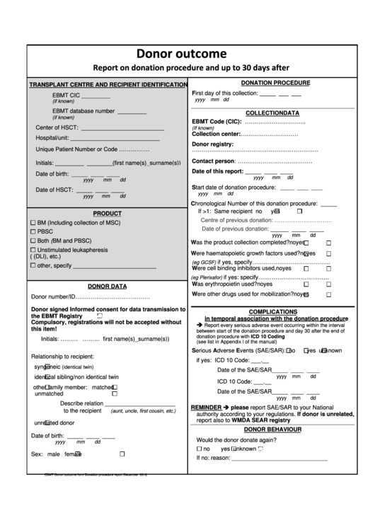 Donor Outcome Form - Report On Donation Procedure And Up To 30 Days After Printable pdf