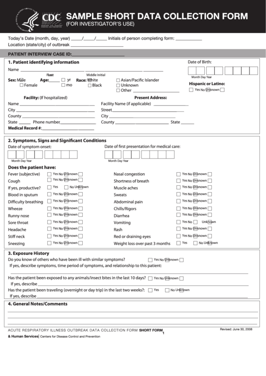 Sample Short Data Collection Form Printable pdf