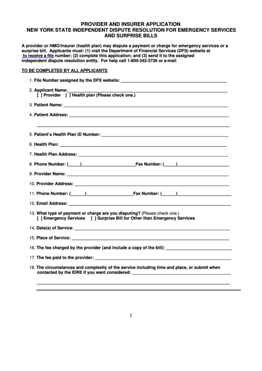 Fillable Provider And Insurer Application Form - Nys Independent Dispute Resolution For Emergency Services And Surprise Bills Printable pdf