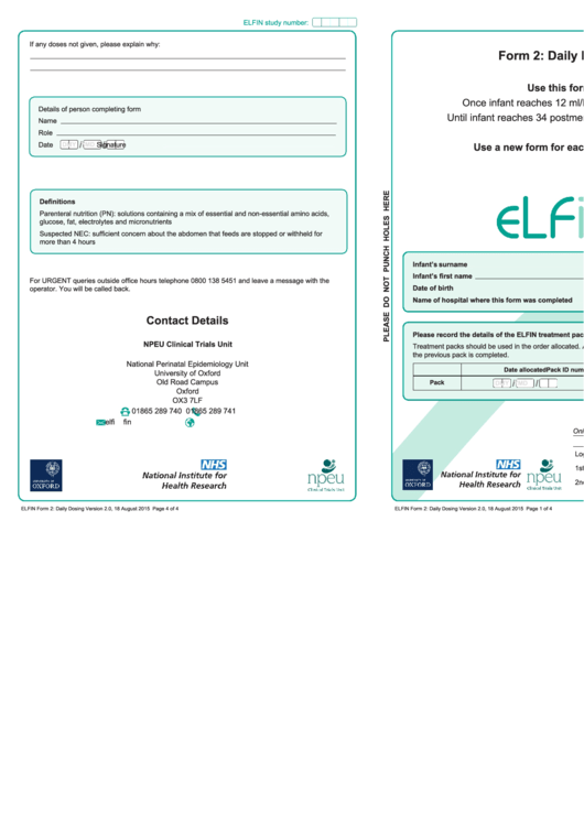 Elfin Form 02 - Infant Daily Dosing Log (34 Postmenstrual Weeks Of Age) Printable pdf