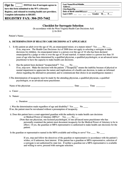 Surrogate Selection Checklist Form Printable pdf