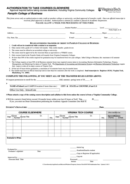 Fillable Authorization To Take Courses Elsewhere Form Printable pdf
