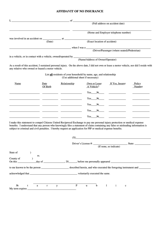 Affidavit Of No Insurance Form Printable pdf