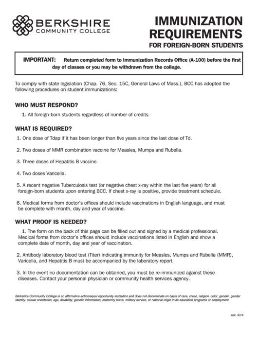 Berkshire Community College - Immunization Requirements Template Printable pdf