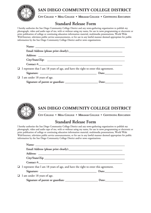 Standard Release Form - San Diego Community College District Printable pdf