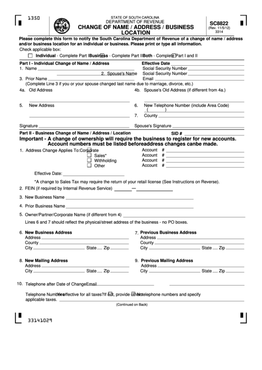 Form Sc8822 - Change Of Name / Address / Business Location Printable pdf