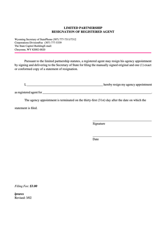 Fillable Limited Partnership Resignation Of Registered Agent Form - Wyoming Secretary Of State Printable pdf