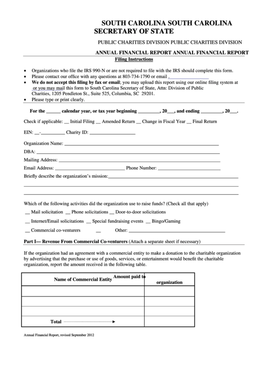Fillable Annual Financial Report Form - South Carolina Secretary Of State Printable pdf