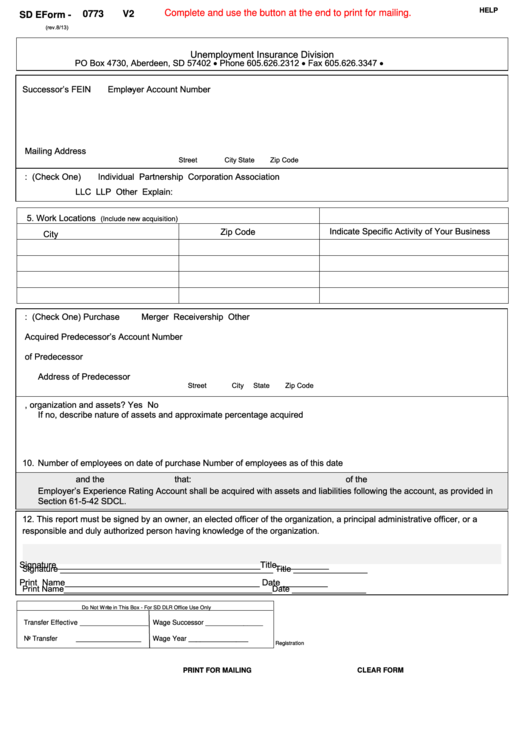 Fillable Sd Eform - 0773 (Form 49) - Employer