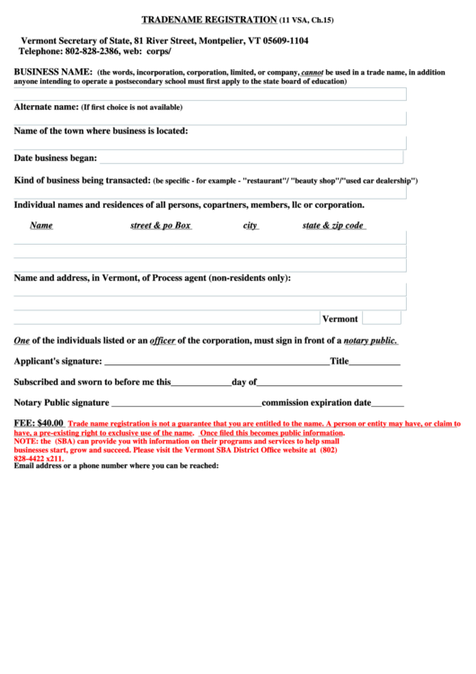 Tradename Registration Form - Vermont Secretary Of State Printable pdf