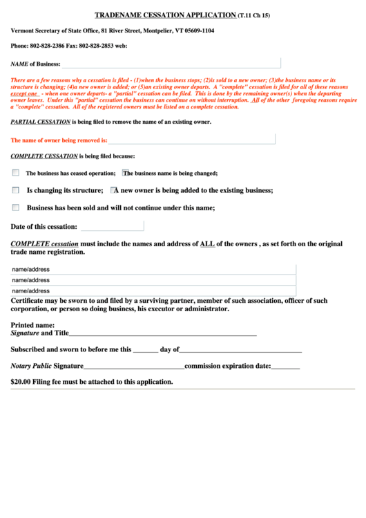 Tradename Cessation Application Form - Secretary Of State, State Of Vermont Printable pdf