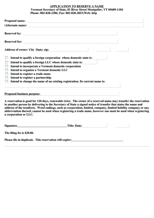 Application To Reserve A Name Form - Secretary Of State, State Of Vermont Printable pdf
