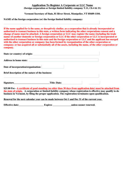 Application To Register A Corporate Or Llc Name Form - Secretary Of State, State Of Vermont Printable pdf
