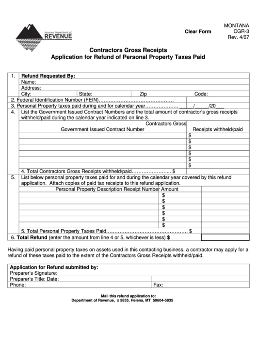 Fillable Application Form For Refund Of Personal Property Taxes Paid - Montana Department Of Revenue Printable pdf