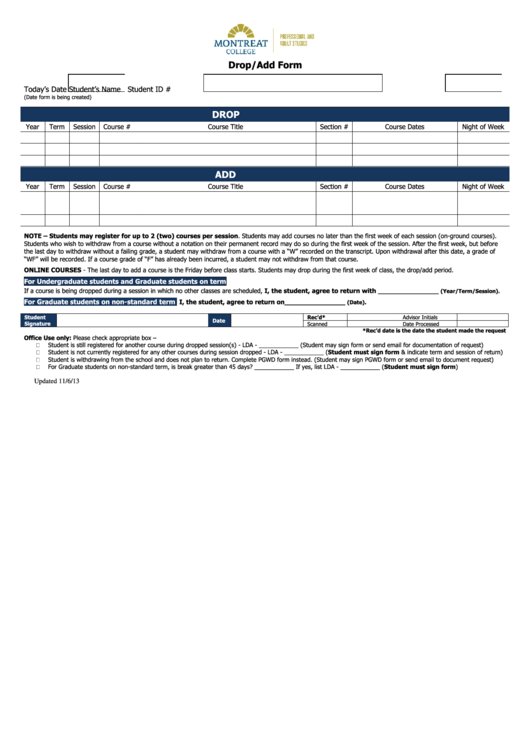 Drop/add Registration Form - Montreat College Printable pdf