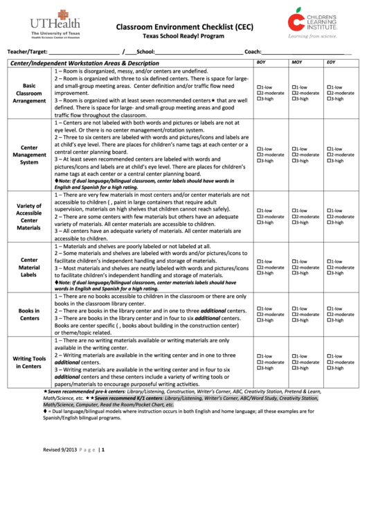Fillable Classroom Environment Checklist (Cec) Template Printable pdf