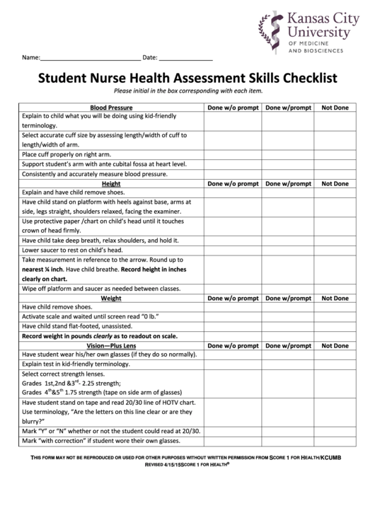 Student Nurse Health Assessment Skills Checklist Template Printable pdf