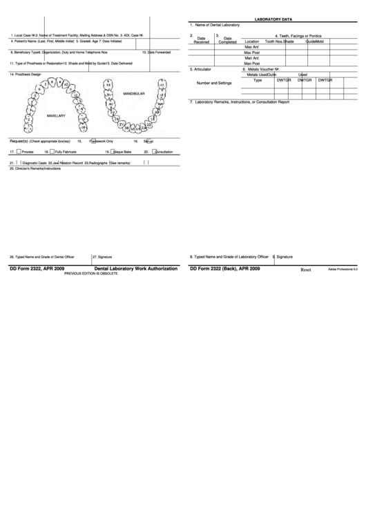 Fillable Dd Form 2322 - Dental Laboratory Work Authorization Printable pdf