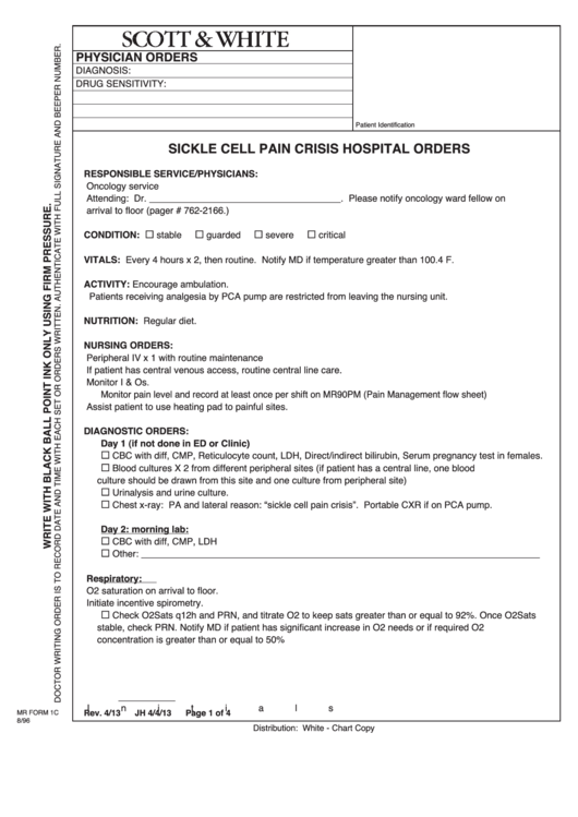 Fillable Mr Form 1c - Sickle Cell Pain Crisis Hospital Orders Printable pdf