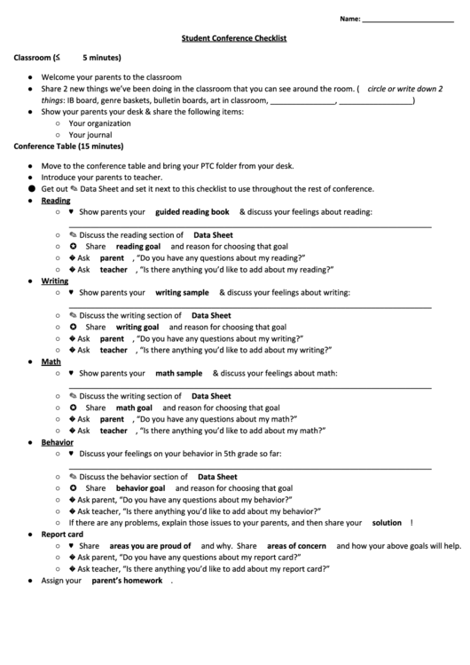 Student Conference Checklist Template Printable pdf