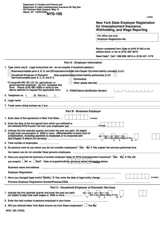 Form Nys-100 - New York State Employer Registration For Unemployment Insurance, Withholding, And Wage Reporting - Department Of Taxation And Finance