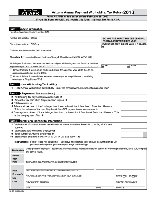 Fillable Arizona Form A1-Apr - Arizona Annual Payment Withholding Tax Return - 2016 Printable pdf