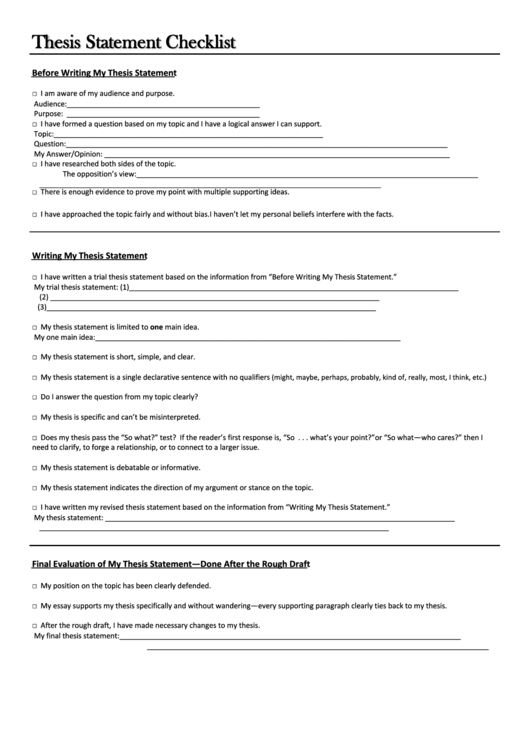 Thesis Statement Checklist Template Printable pdf