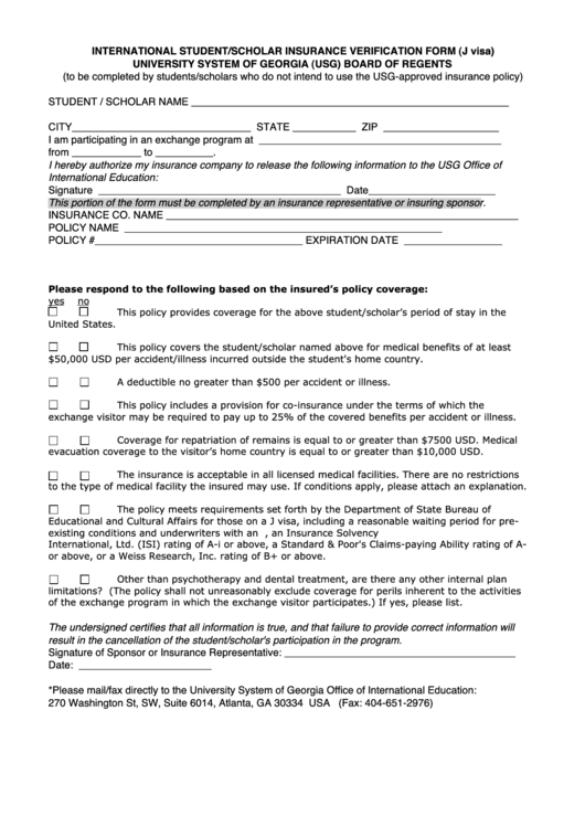 International Student/scholar Insurance Verification Form (J Visa) Template Printable pdf