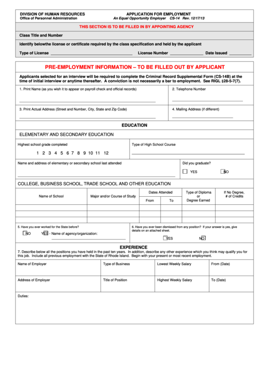 Form Cs-14 - Application For Employment Printable pdf