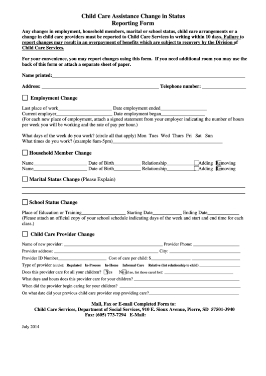 Child Care Assistance Change In Status Reporting Form Printable pdf