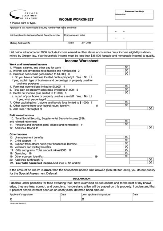 Fillable Form 150-491-004 - Income Worksheet Printable pdf