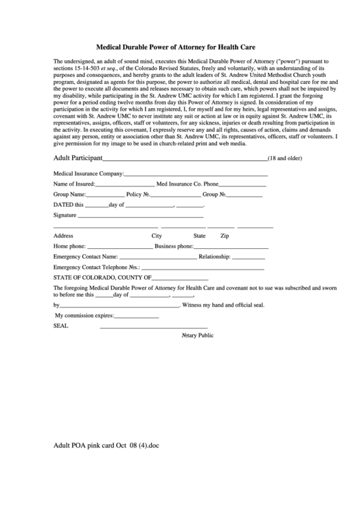 Medical Durable Power Of Attorney For Health Care Form - State Of Colorado Printable pdf