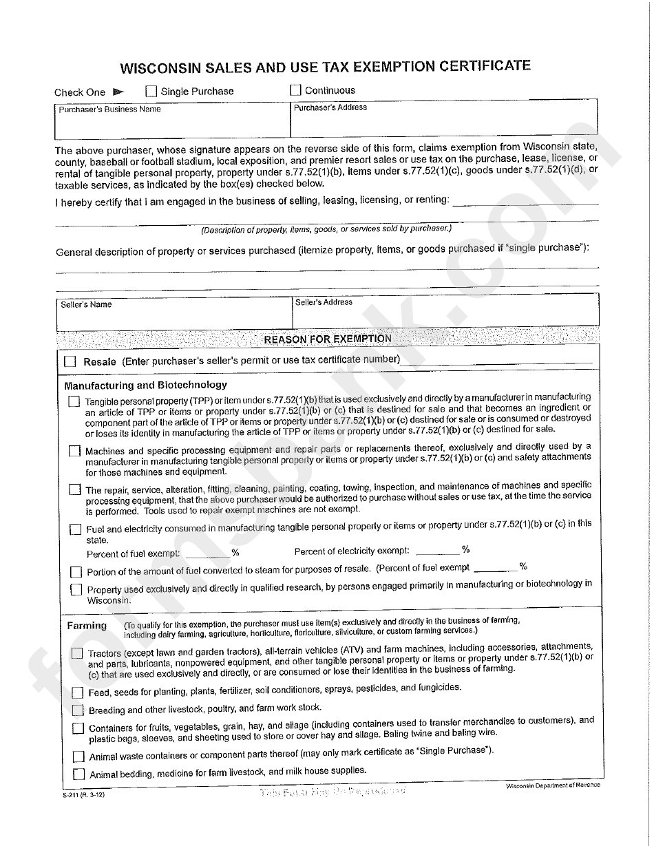 Wisconsin Sales And Use Tax Exemption Certificate Form printable pdf