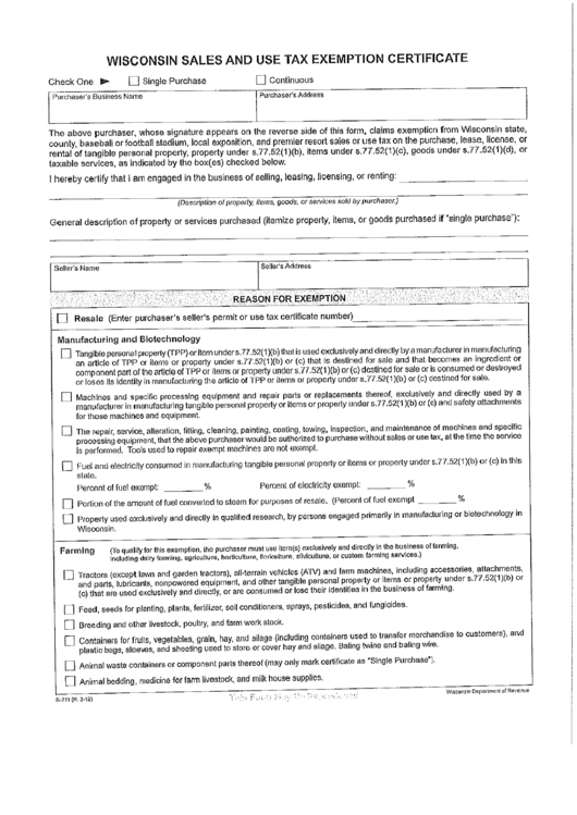 Wisconsin Sales And Use Tax Exemption Certificate Form Printable pdf