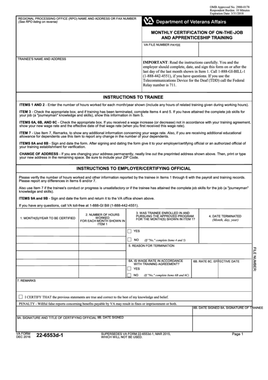 Fillable Va Form 22-6553d-1 - Monthly Certification Of On-The-Job And Apprenticeship Training Printable pdf