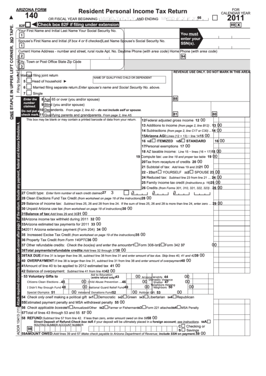Arizona Form 140 - Resident Personal Income Tax Return 2011 Printable pdf
