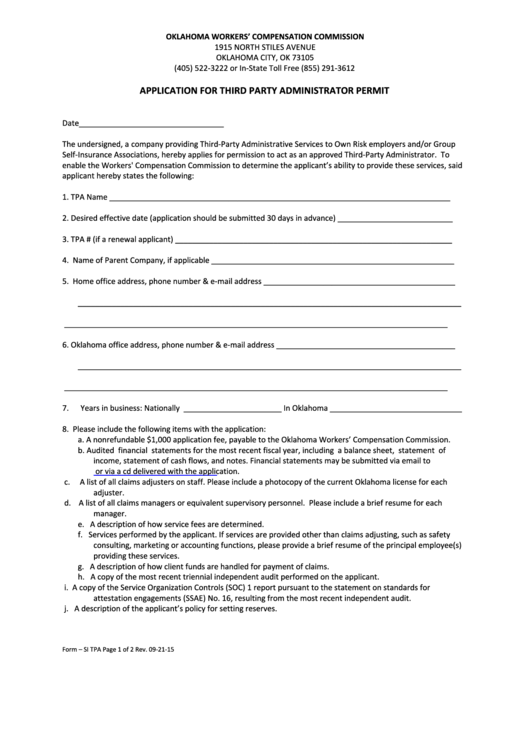 Fillable Form Si Tpa - Application For Third Party Administrator Permit Printable pdf