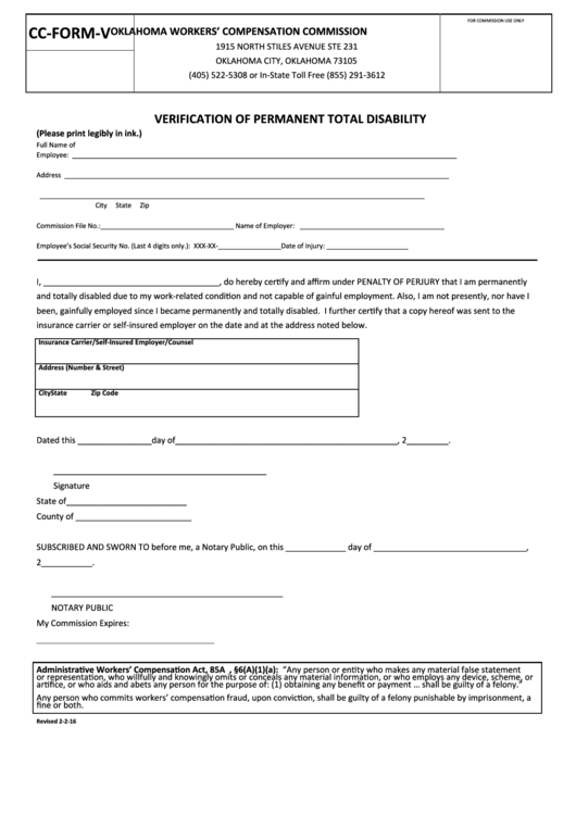 Fillable Cc-Form-V - Verification Of Permanent Total Disability Printable pdf