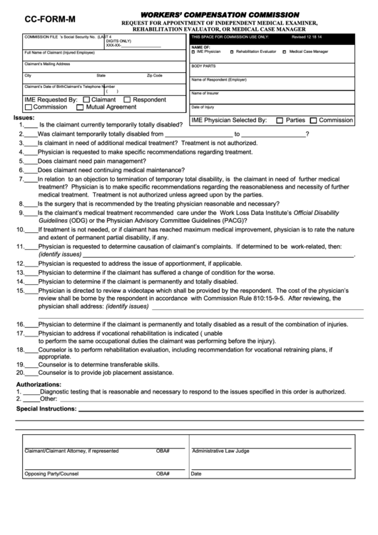 Cc-Form-M - Request For Appointment Of Independent Medical Examiner, Rehabilitation Evaluator, Or Medical Case Manager Printable pdf